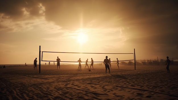 Beachvolleyballers bij zonsondergang Silhouetten van mannen en vrouwen die volleyballen Generatieve AI