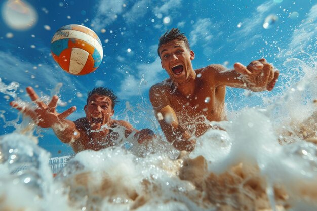 Beachvolleybalspelers in MidAir-wedstrijd Twee beachvolleybalspelers springen hoog en reiken naar de bal in een gespannen moment van atletiekwedstrijd