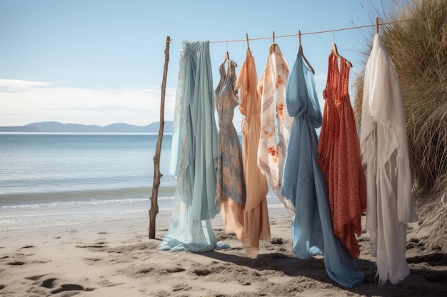 Коллекция пляжной одежды с различными купальниками и накидками, созданная с помощью генеративного искусственного интеллекта.