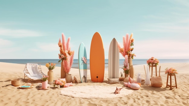 Beachy vibes with sand and surf props