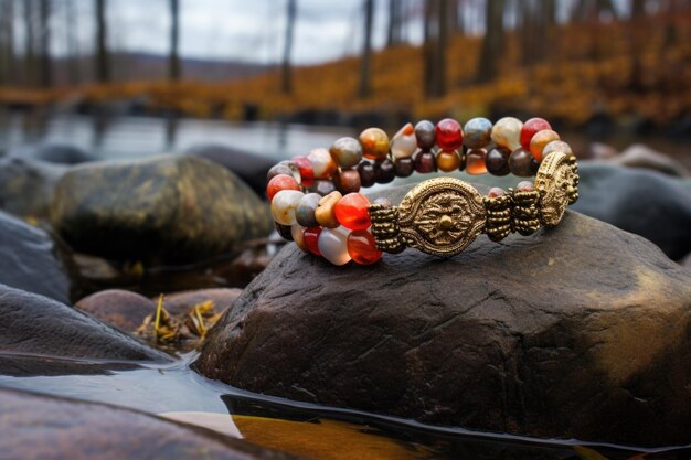 Beaded bracelet draped over a rough granite boulder