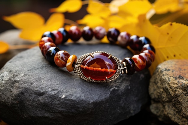 Beaded bracelet on a pebble stone with autumn leaves around