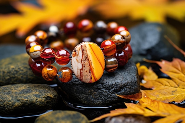 Beaded bracelet on a pebble stone with autumn leaves around