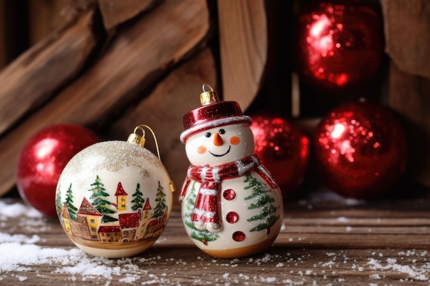 Beaded Christmas balls a snowman bearing presents and a wooden background Decorations for the holidays