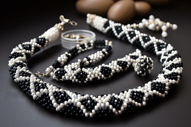 Beaded jewelry with black and white colors scheme created with generative ai