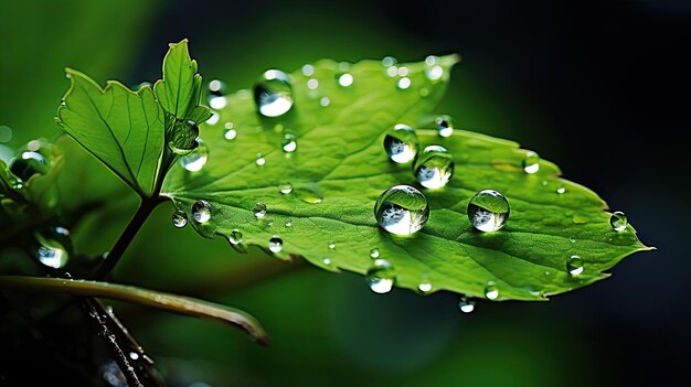 Beads of water on green leaves