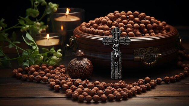 Beads with cross on the dark stone table background