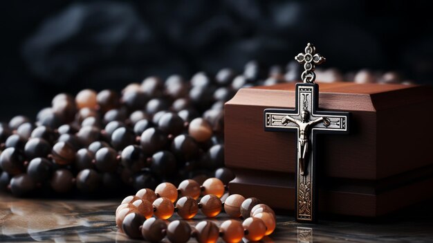 Beads with cross on the dark stone table background