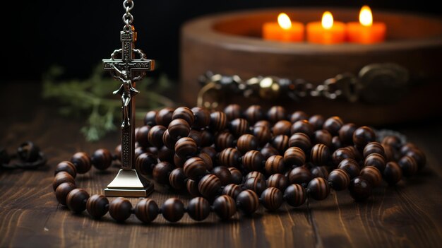 Beads with cross on the dark stone table background