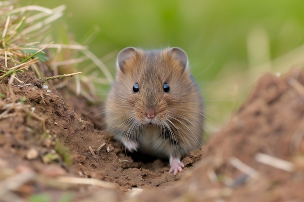 Beadyeyed vole peering from an earthen hole in a meadow