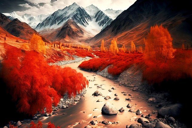 Beaful autumn landscape in red yellow tones with brilliant mountain river