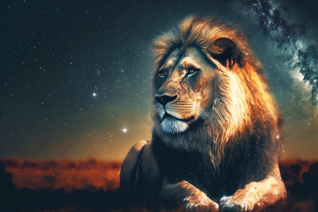 Красивый большой лев на фоне звездного неба в саванне
