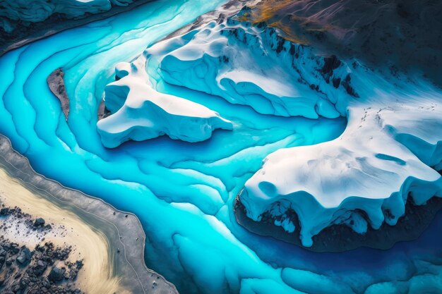 Beaful bright blue ice on banks of iceland aerial river