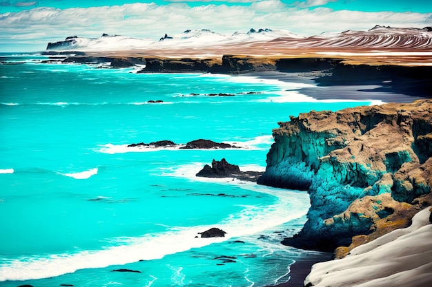 Beaful bright turquoise sea off coast of iceland beach