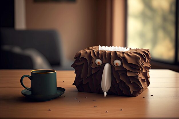 Beaful brown natureshaped tissue box on wooden table and cup of coffee