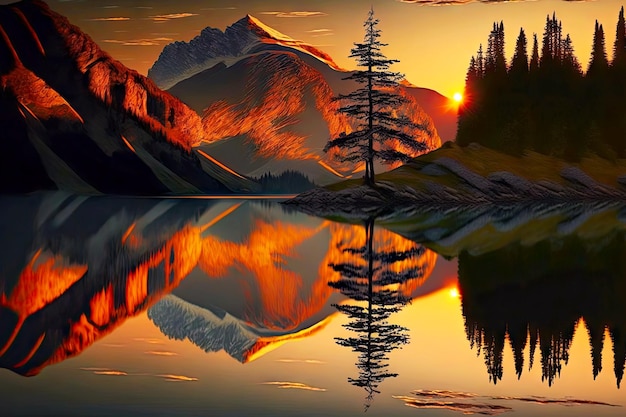 Beaful evening sunset on calm reflecting mountain lake