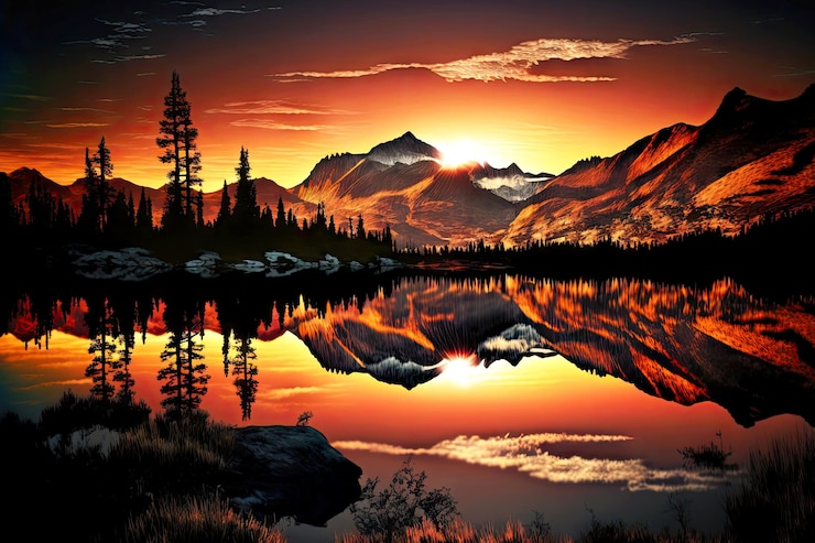 Photo beaful evening sunset on calm reflecting mountain lake