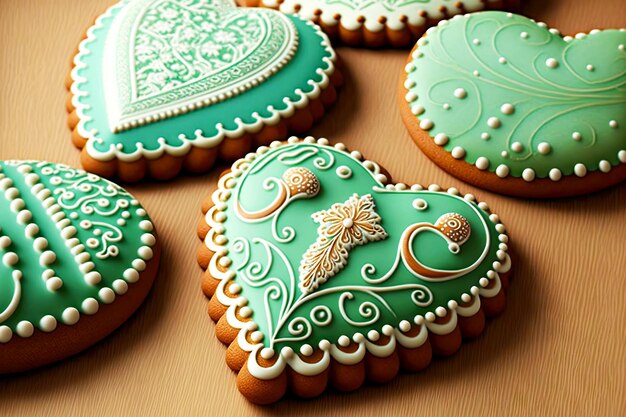白と緑の艶をかけられた美しいお祝いのジンジャーブレッド クッキー