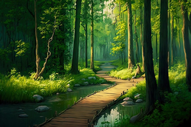 Beaful forest landscape with green trees and duckboards path in forest