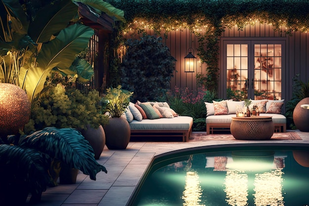 家具と緑が周りにある裏庭の美しく照らされたプール