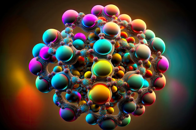Photo beaful iridescent multicolored molecule closeup with round structure