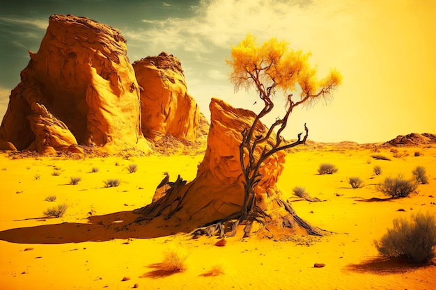 Beaful landscape of majestic rocks of hot yellow lifeless desert and lonely trees