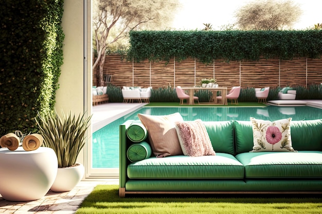 Beaful lawn by pool in backyard and comfortable outdoor sofa