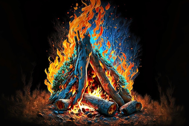 Beaful orange blue campfire blaze fire flame