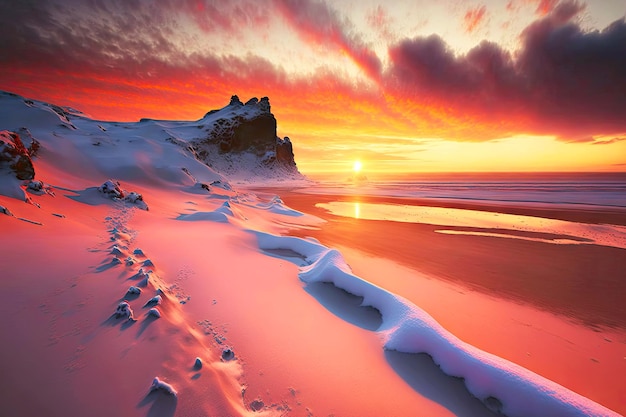 Beaful pink orange sunset on snowcovered iceland beach