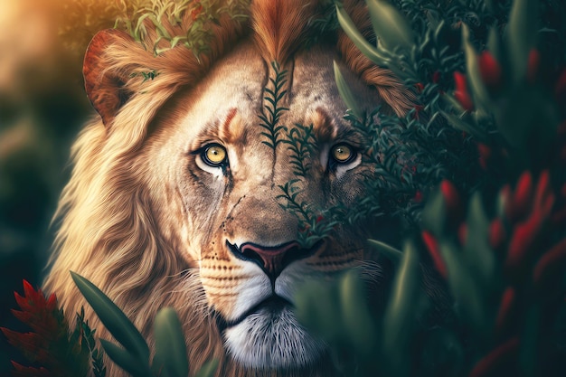 Beaful portrait of lions head among blurred foliage