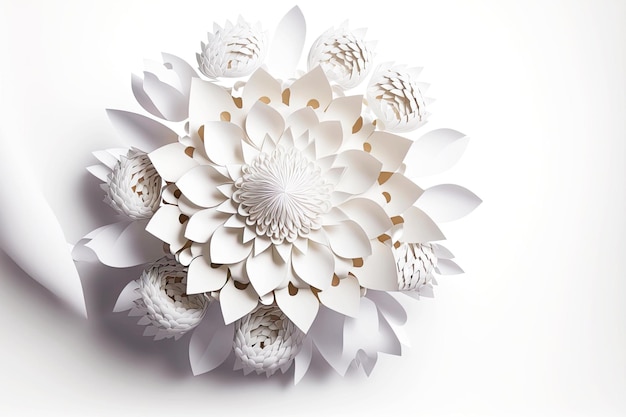 Beaful snowwhite d rendering paper flowers isolated on white background generative ai