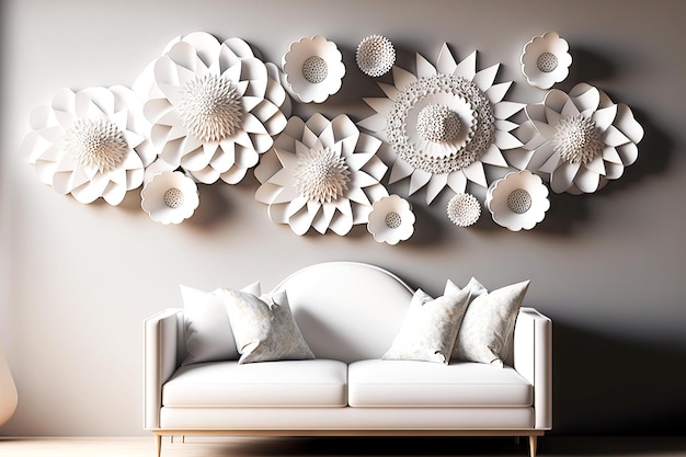 Beaful stylish decorations in form of d rendering paper flowers on wall above sofa generative ai