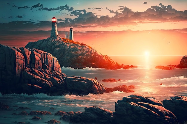 Beaful sunset landscape with high lonely lighthouses on rocky sea slope