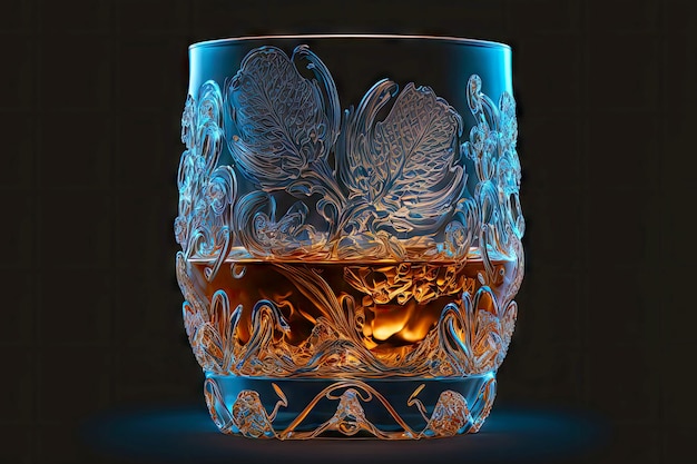 Beaful transparent whiskey glass with ice on dark blue background