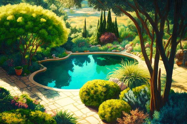 Beaful view of garden with pool in backyard and beyond it greenery