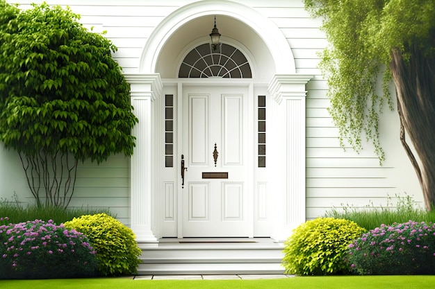 Beaful white front door of house on white wall of house with green lawn