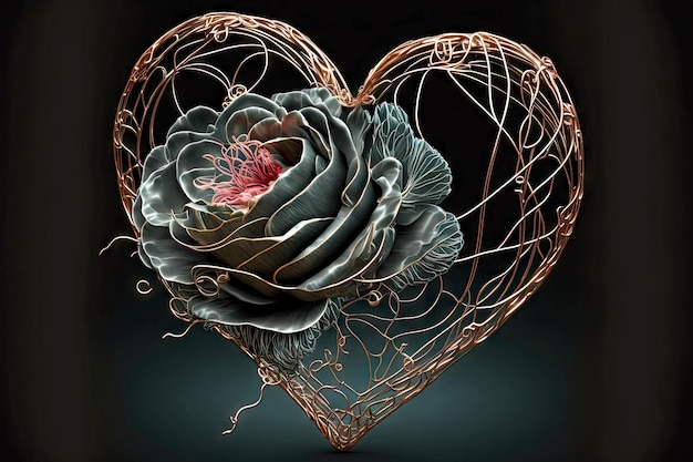 Beaful wire heart with rose flower on dark background valentine day