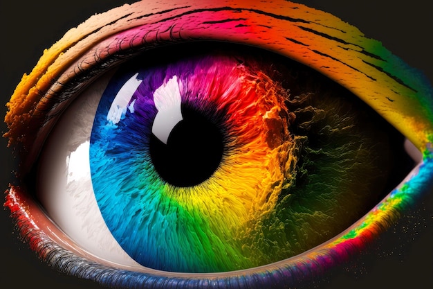 Beafully drawn human eye with bright rainbow tint