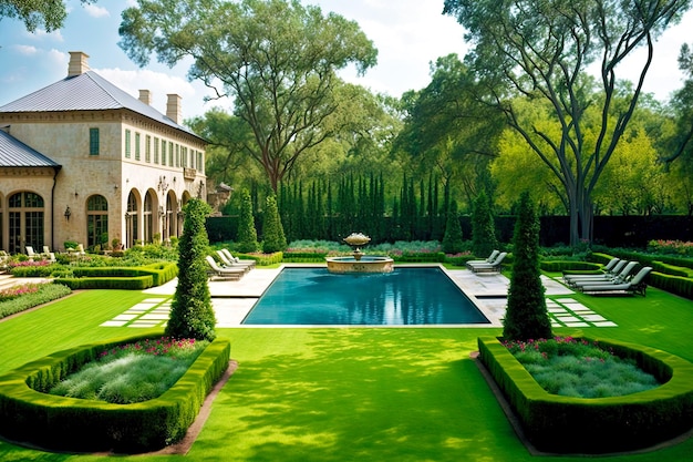 Foto grande piscina splendidamente paesaggistica nel cortile accanto al prato ious