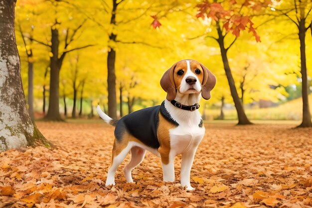 Photo beagle in autumn foliage