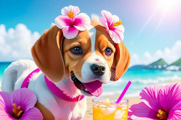 Beagle dog on the beach with tropical flowers and a cocktail generative ai