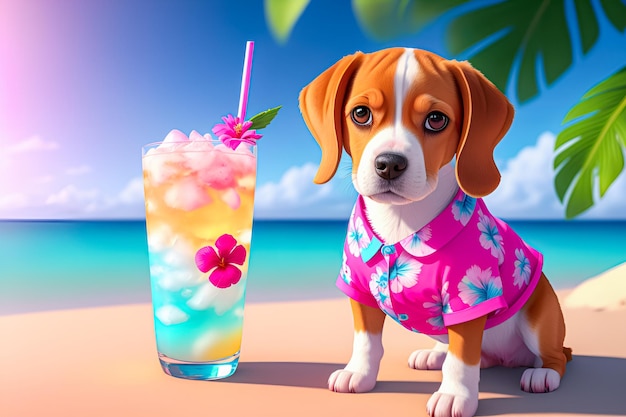 Beagle dog on the beach with tropical flowers and a cocktail generative ai