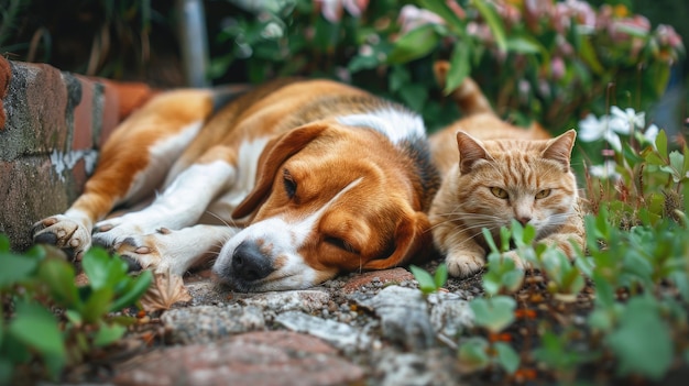 비글 개 와 갈색 고양이 가 보행자 길 에 누워 있다