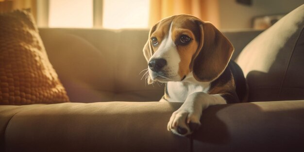 A beagle dog on a couch