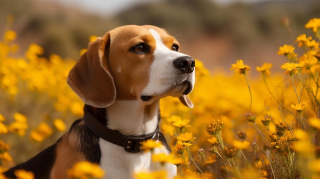 A beagle dog in a field of flowers