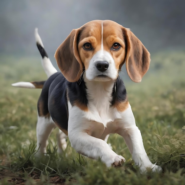 灰色の背景のビーグル犬