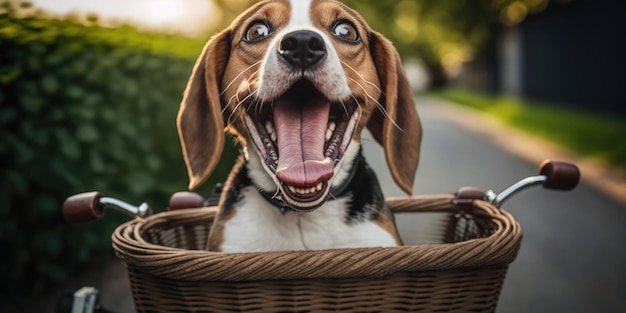 Beagle dog have fun bicycle ride on sunshine day morning in summer on town street