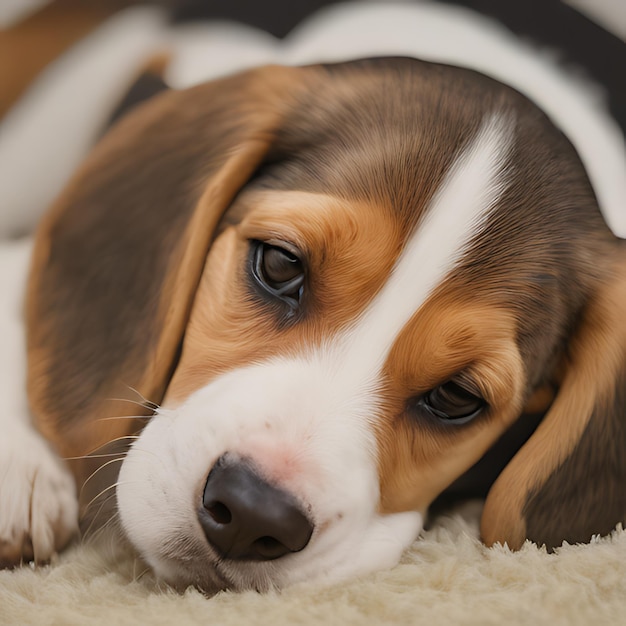 ビーグル犬が黒と白の襟でカーペットの上に横たわっている