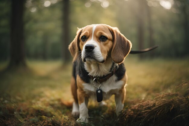 a Beagle dog is standing in the grass in front of a forest
