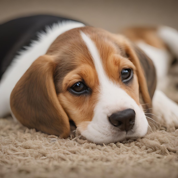 a beagle dog laying on a carpet with a black collar